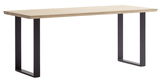 Moderner Schreibtisch mit Holzplatte und schwarzen Metallbeinen, seitliche Perspektive