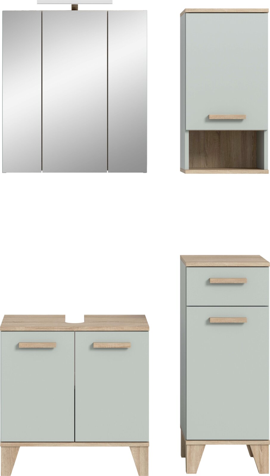 Modernes Badmöbel-Set in Mintgrün mit Holzoptik-Details: Spiegelschrank, Waschtischunterschrank mit Ausschnitt, Hochschrank mit Schubladen sowie Hängeschrank mit offenem Fach, jeweils in Frontalansicht.