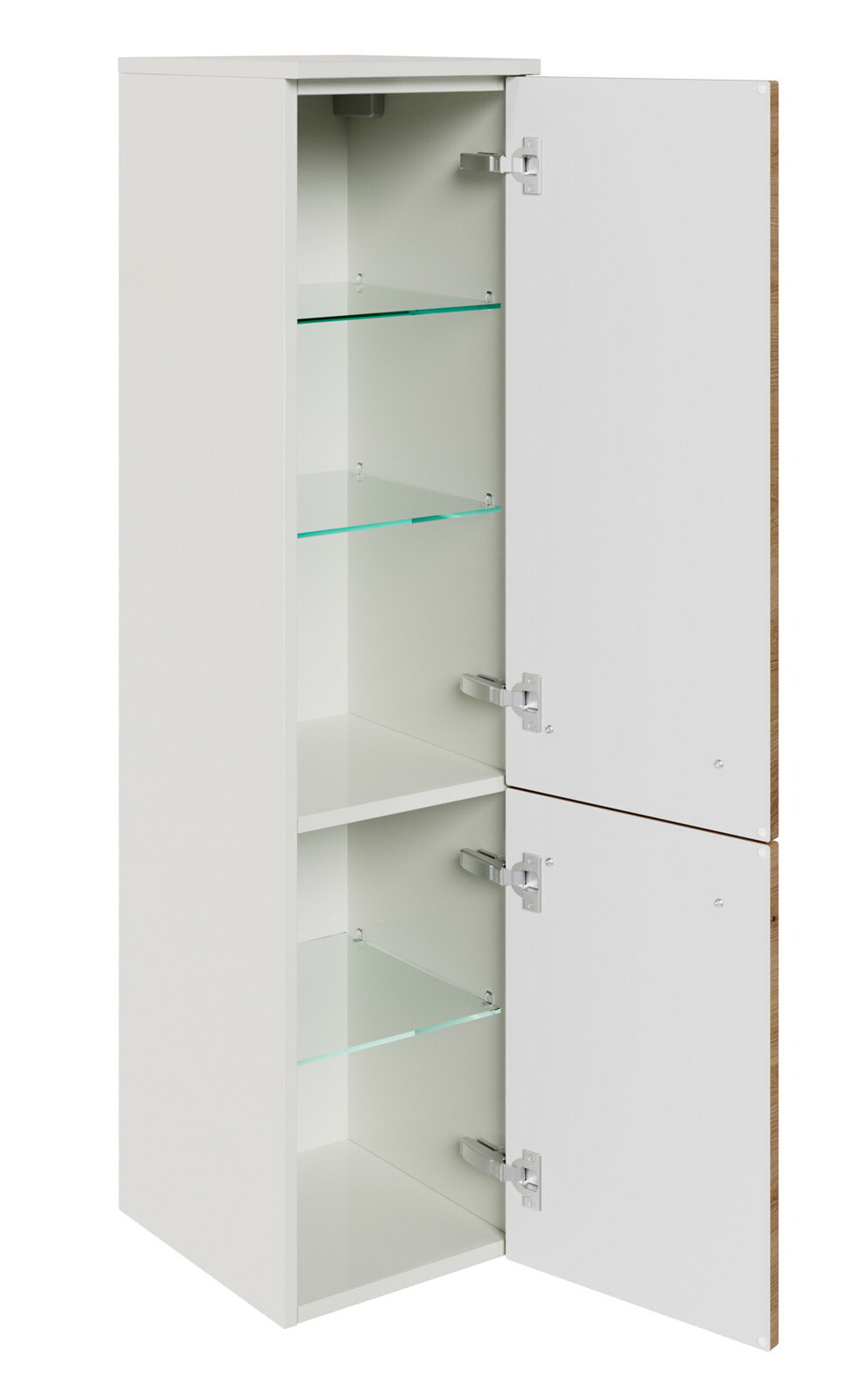 Sadena Midischrank PLAKA Weißer Midischrank mit zwei geöffneten Türen und Glasböden, seitliche Perspektive