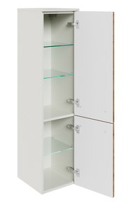 Weißer Midischrank mit zwei geöffneten Türen und Glasböden, seitliche Perspektive