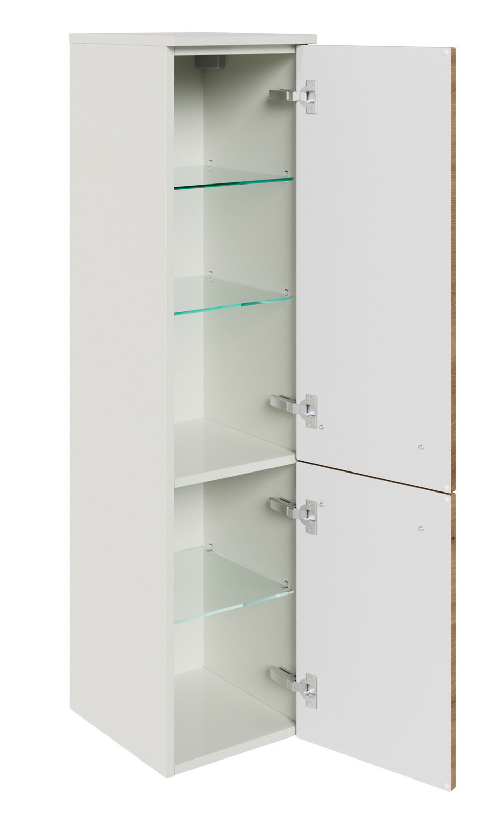 Weißer Midischrank mit zwei geöffneten Türen und Glasböden, seitliche Perspektive