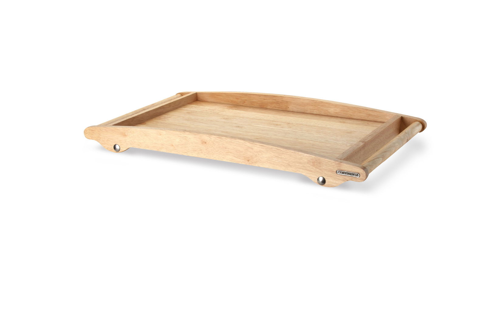 Holz-Betttablett von Continenta, seitliche Perspektive, mit erhöhtem Rand und stabilen Füßen.