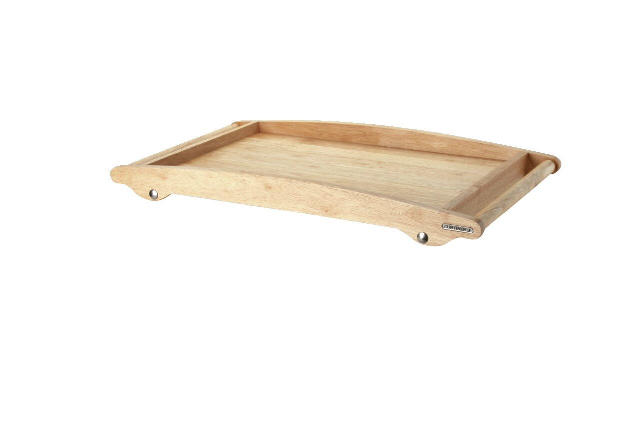 Holz-Betttablett von Continenta, seitliche Perspektive, mit erhöhtem Rand und stabilen Füßen.
