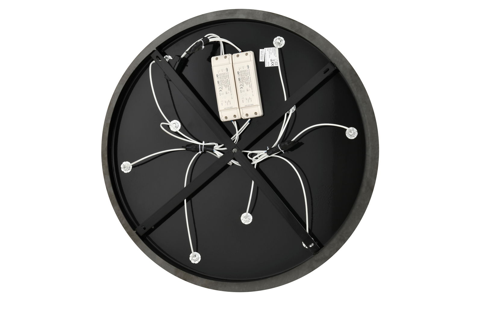 Rückansicht einer runden LED-Deckenleuchte mit sichtbaren Kabeln und Komponenten.