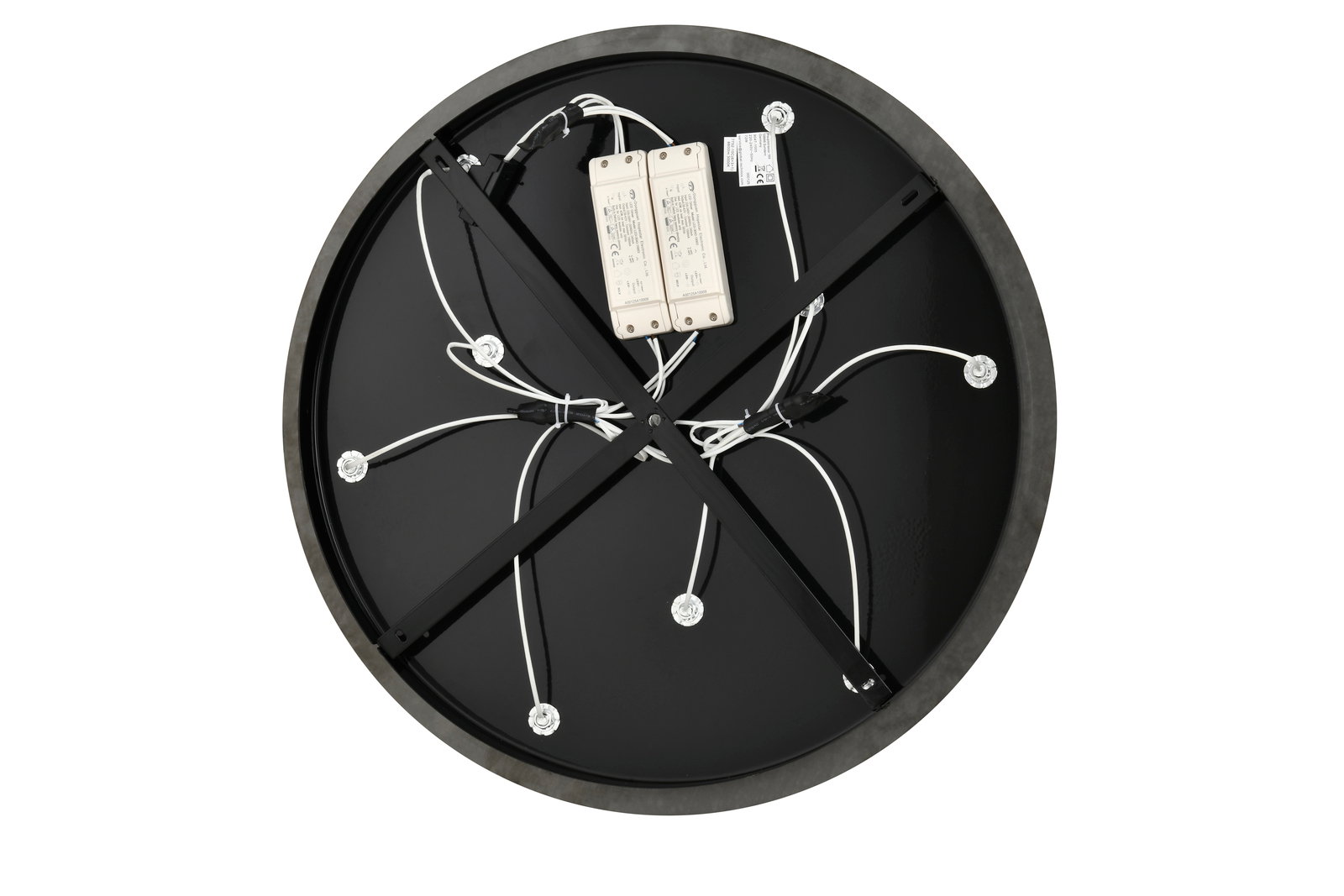 Rückansicht einer runden LED-Deckenleuchte mit sichtbaren Kabeln und Komponenten.