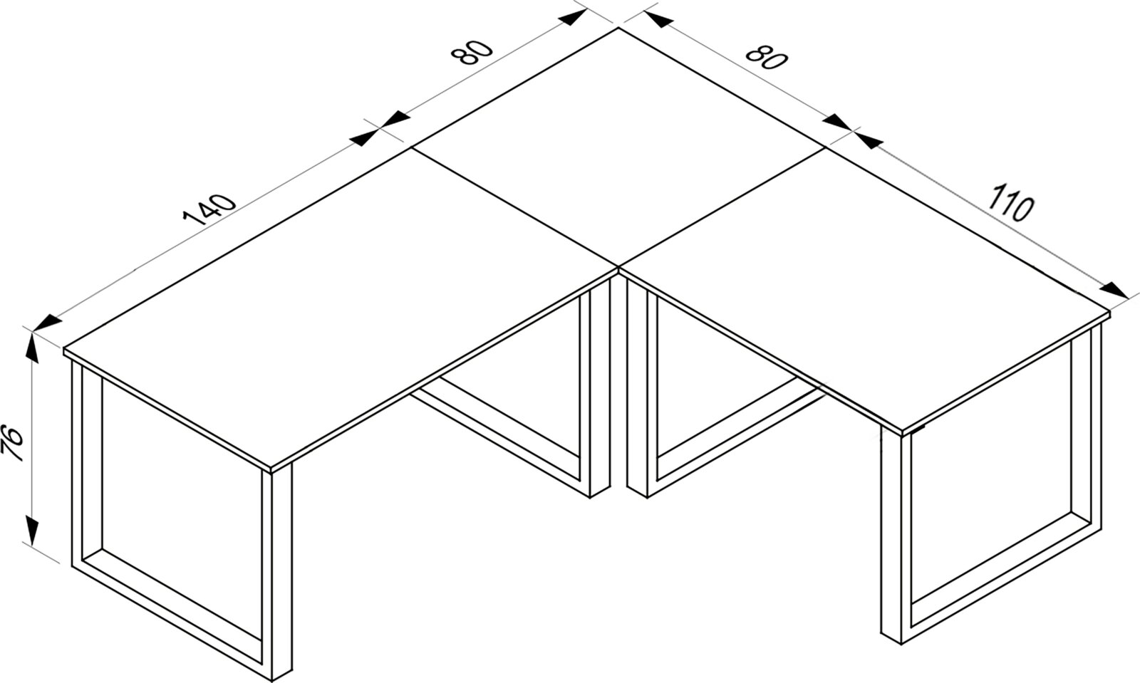 Isometrische technische Zeichnung eines L-förmigen Eckschreibtischs mit Maßangaben (Höhe ca. 76 cm, Plattenlängen ca. 140 cm und 110 cm, Tiefe ca. 80 cm) in Perspektive von schräg oben.