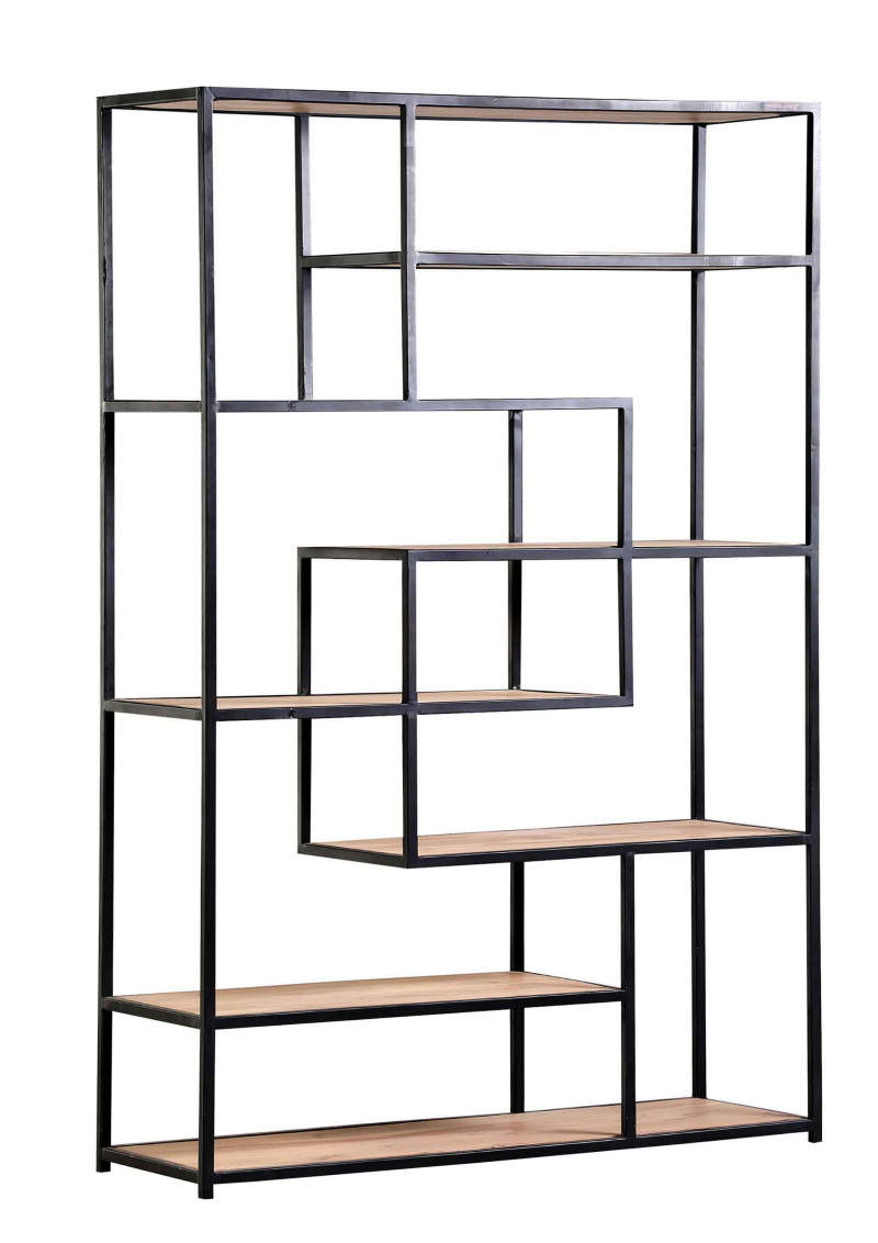 Modernes Regal mit schwarzem Metallrahmen und Holzregalböden, seitliche Perspektive