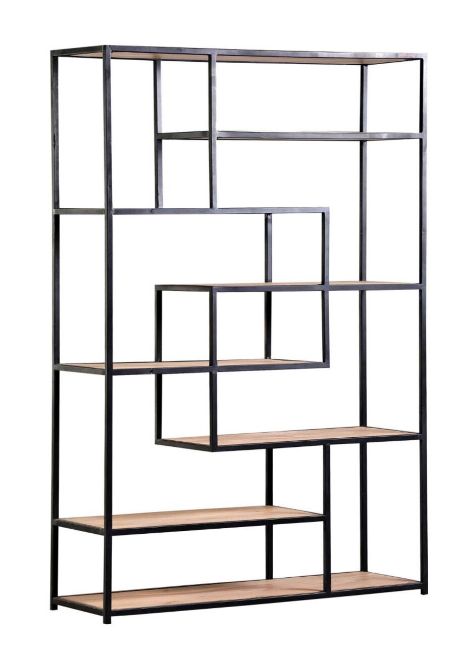 Modernes Regal mit schwarzem Metallrahmen und Holzregalböden, seitliche Perspektive