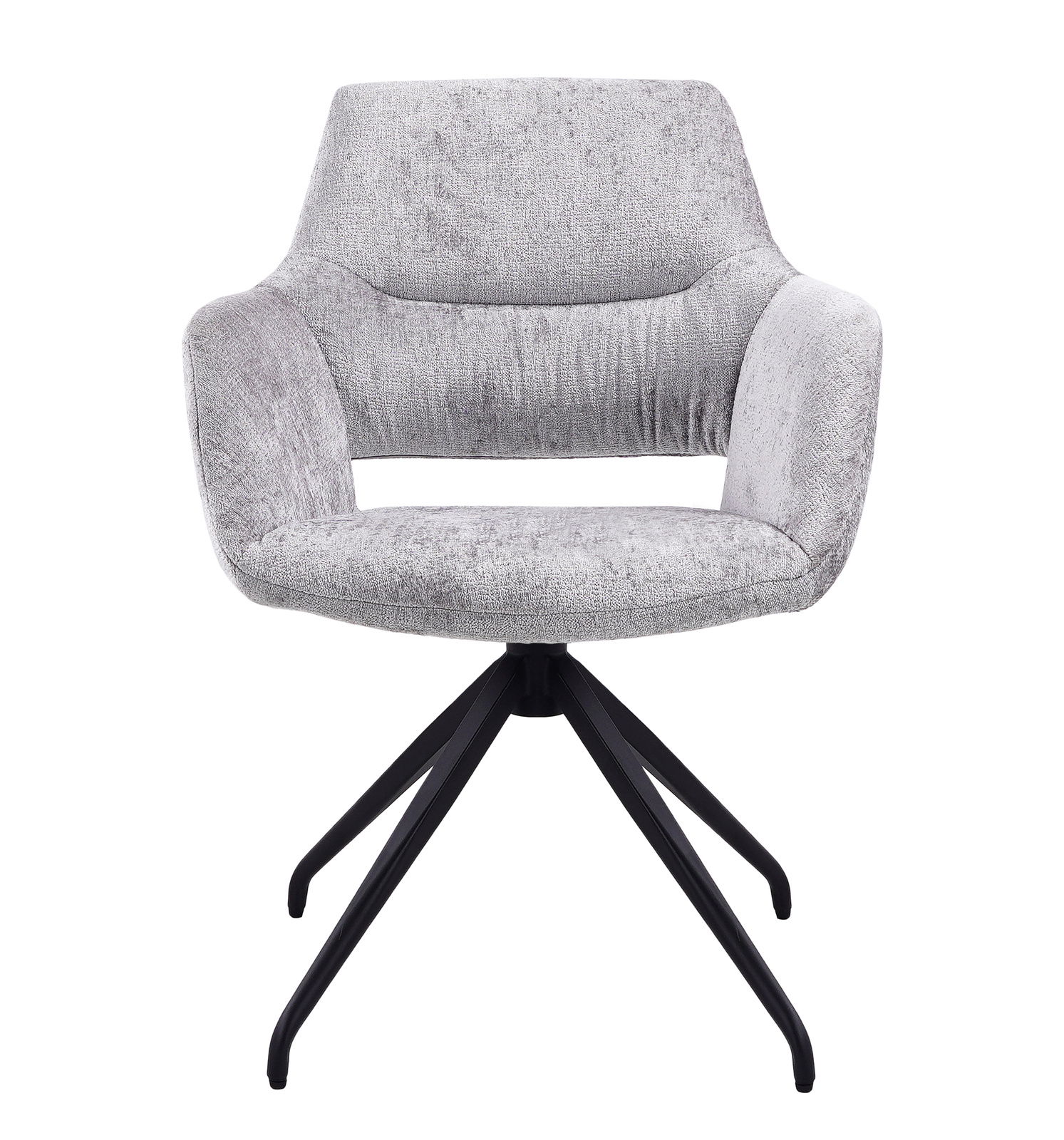 Grauer Armlehnstuhl mit schwarzem Metallgestell, Frontalansicht