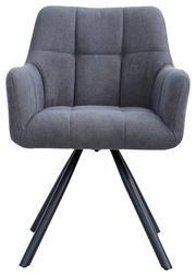 Grauer Armlehnstuhl mit gepolstertem Sitz und Rückenlehne, auf schwarzen Metallbeinen. Frontalansicht.