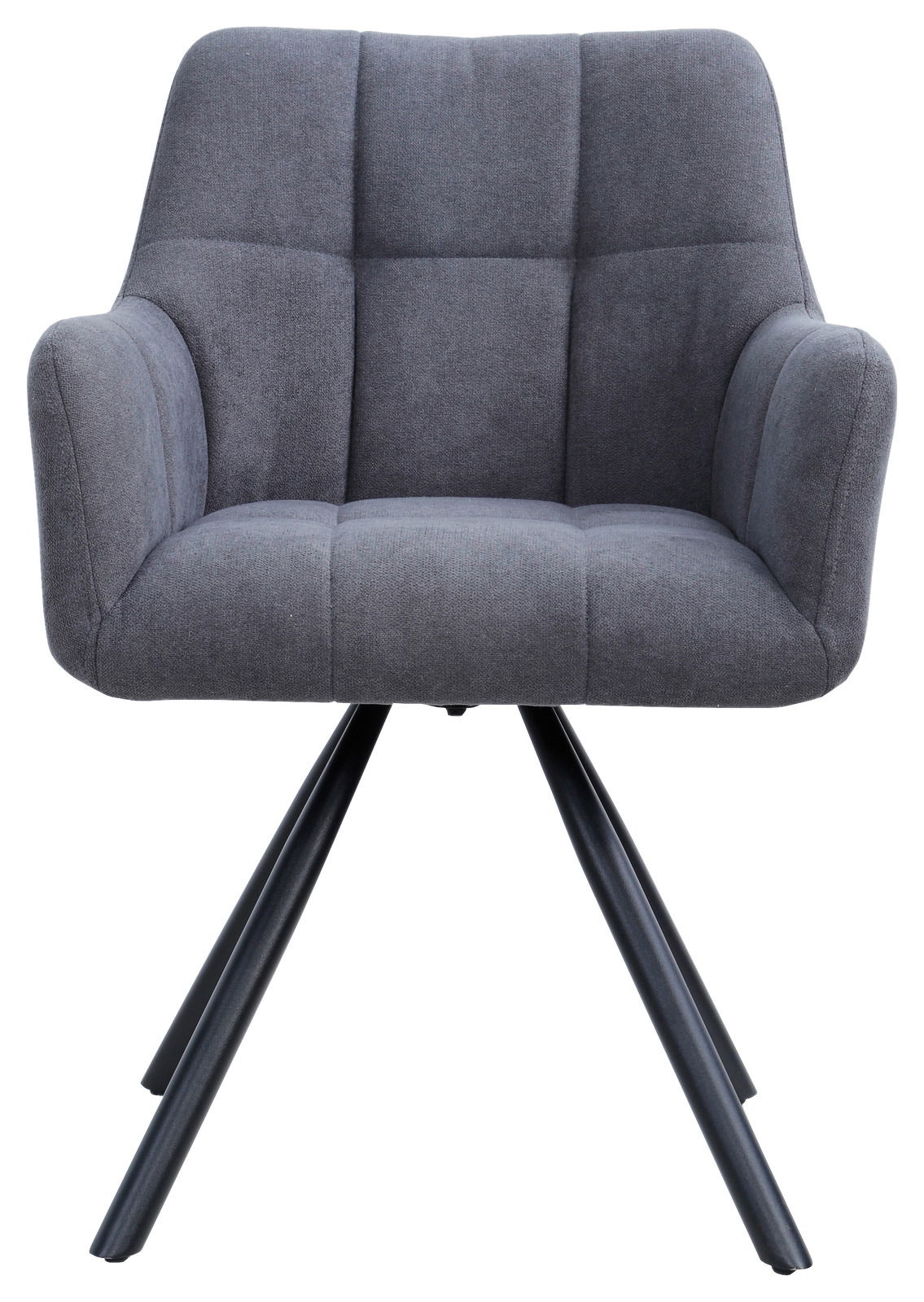 Grauer Armlehnstuhl mit gepolstertem Sitz und Rückenlehne, auf schwarzen Metallbeinen. Frontalansicht.