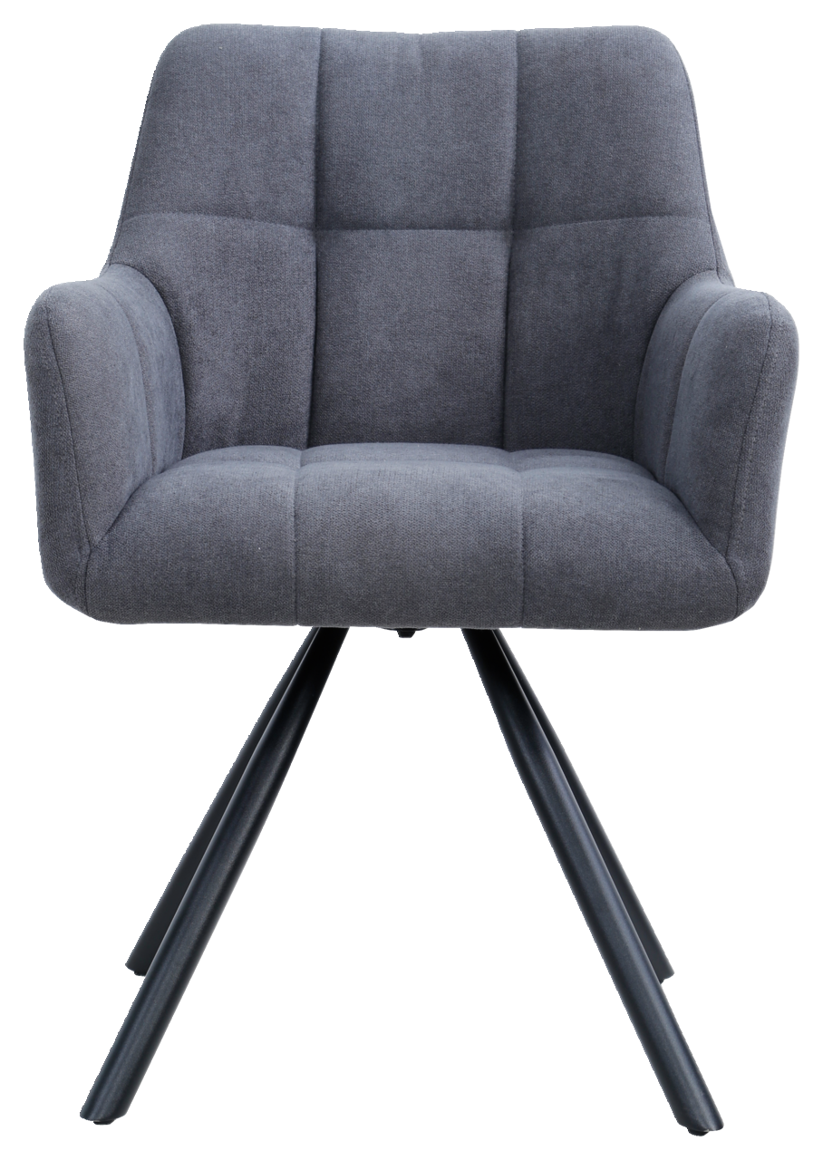 Grauer Armlehnstuhl mit gepolstertem Sitz und Rückenlehne, auf schwarzen Metallbeinen. Frontalansicht.