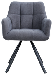 Grauer Armlehnstuhl mit gepolstertem Sitz und Rückenlehne, auf schwarzen Metallbeinen. Frontalansicht.