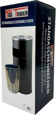 Dreiviertelansicht der Verpackung eines schwarzen Tower-Standaschenbechers aus Metall mit Edelstahlaufsatz und herausnehmbarem Abfalleimer