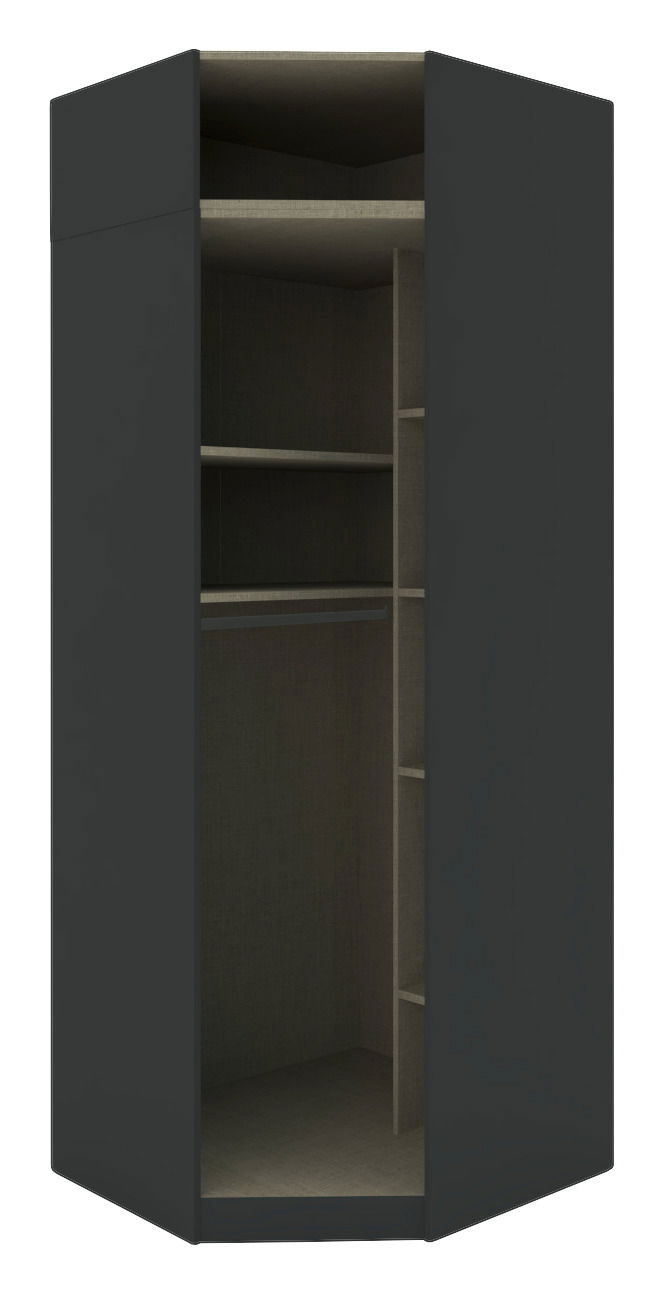 Hom´in Eckschrank Korpus UNIT Eckschrank Korpus 242 in dunkler Farbe, offene Frontansicht mit mehreren Regalböden und Fächern.