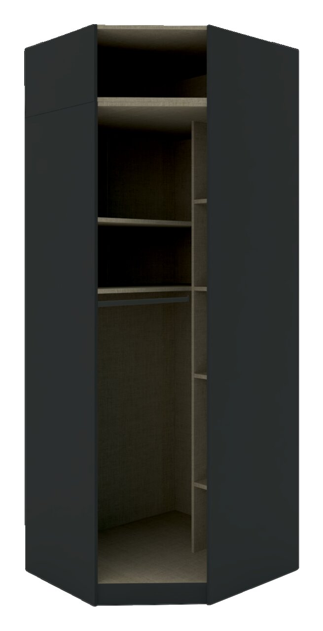 Hom´in Eckschrank Korpus UNIT Eckschrank Korpus 242 in dunkler Farbe, offene Frontansicht mit mehreren Regalböden und Fächern.