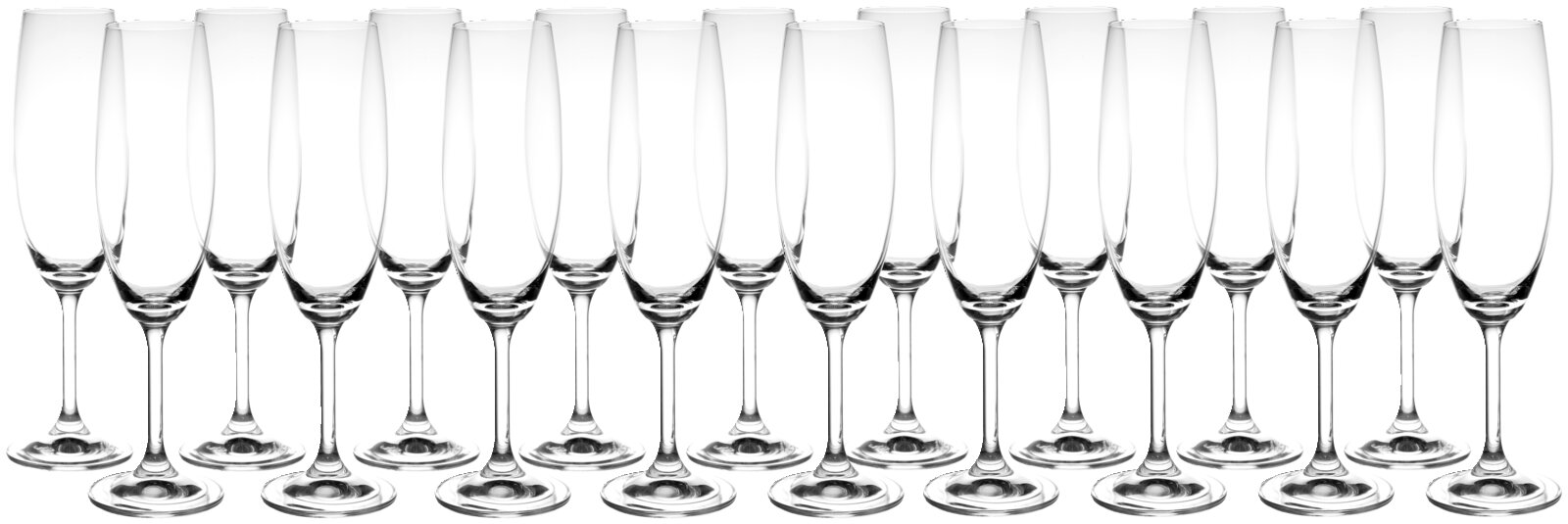 Set van 18 champagneglazen, gezien van voren, elegant en transparant, ideaal voor feestelijke gelegenheden.