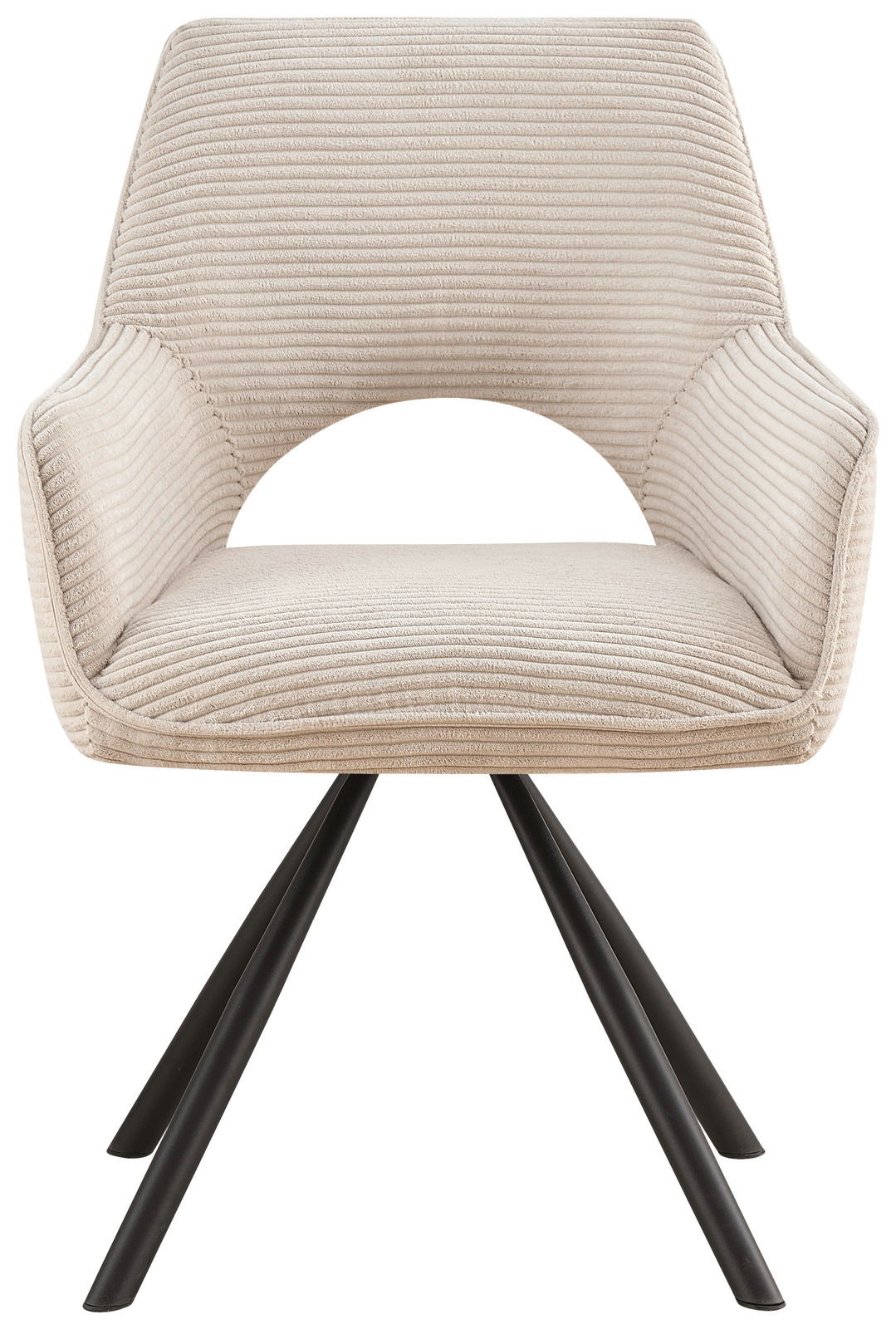 Frontansicht eines modernen Armlehnstuhls mit beigem, geripptem Stoffbezug und schwarzen Metallbeinen.