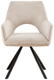 Frontansicht eines modernen Armlehnstuhls mit beigem, geripptem Stoffbezug und schwarzen Metallbeinen.