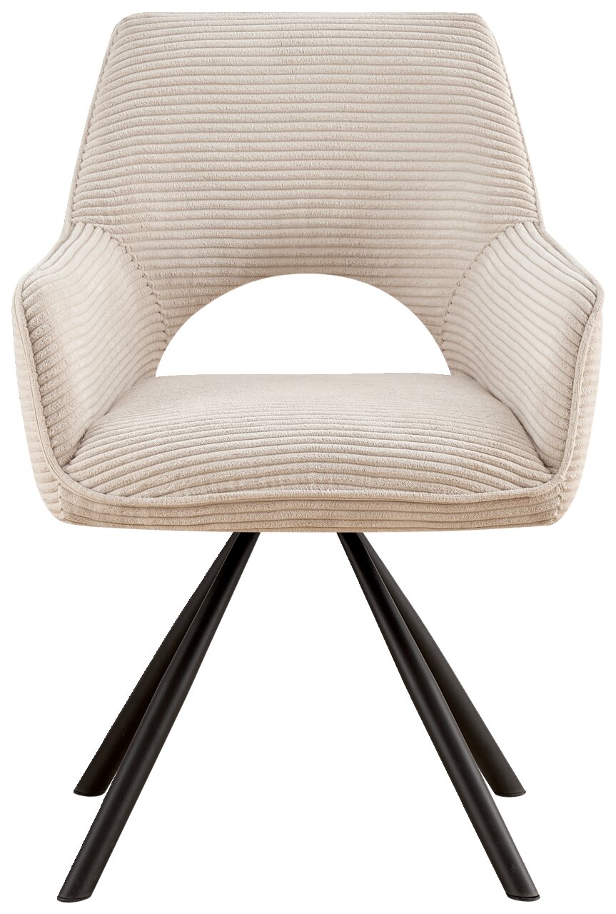 Vooraanzicht van een moderne fauteuil met een beige, geribbelde stoffen bekleding en zwarte metalen poten.
