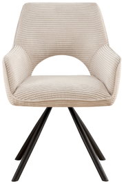 Vooraanzicht van een moderne fauteuil met een beige, geribbelde stoffen bekleding en zwarte metalen poten.