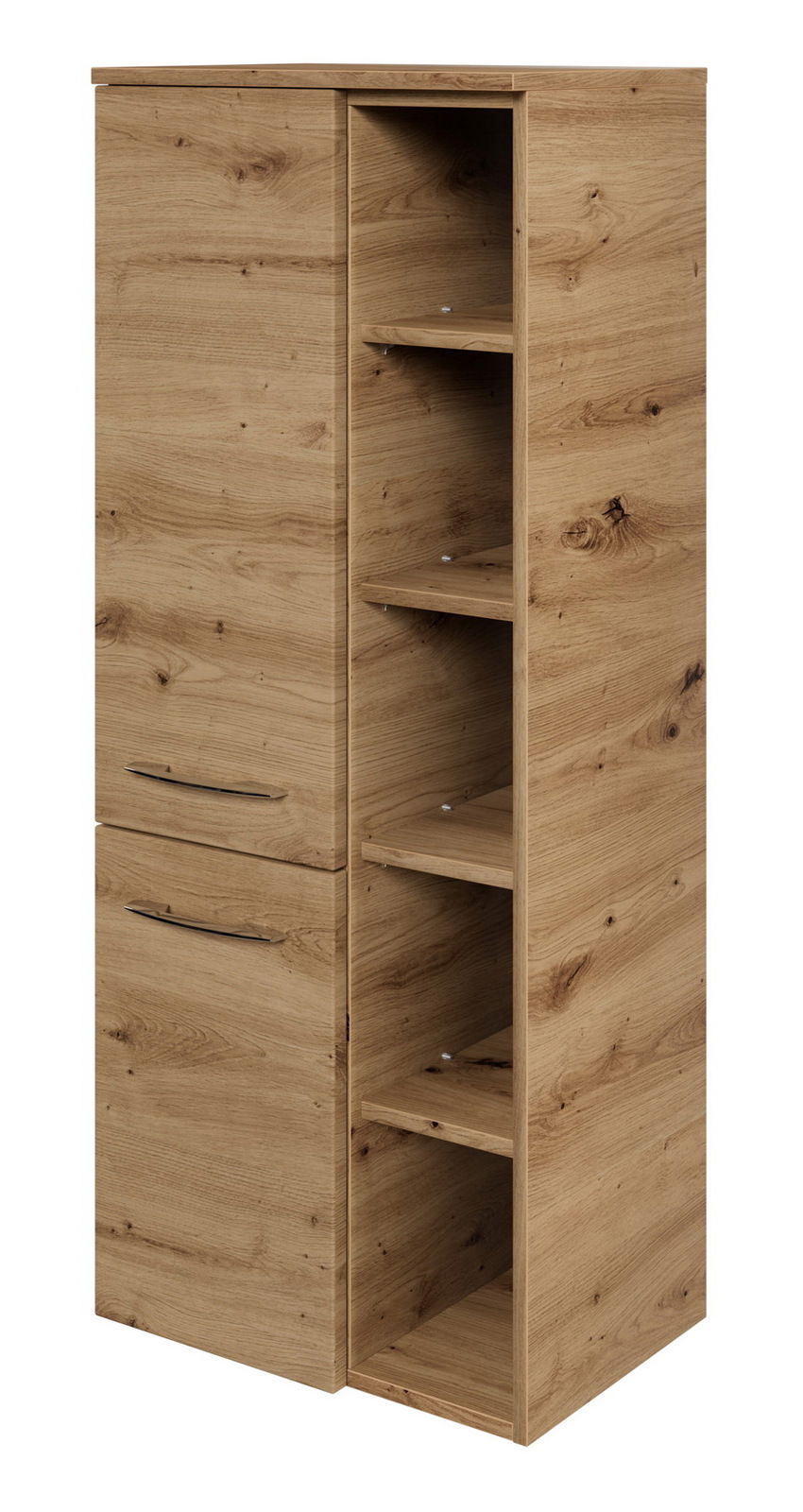 Sadena Midischrank PLAKA Midischrank aus Holz mit zwei Türen und offenen Regalfächern, Perspektive von vorne links