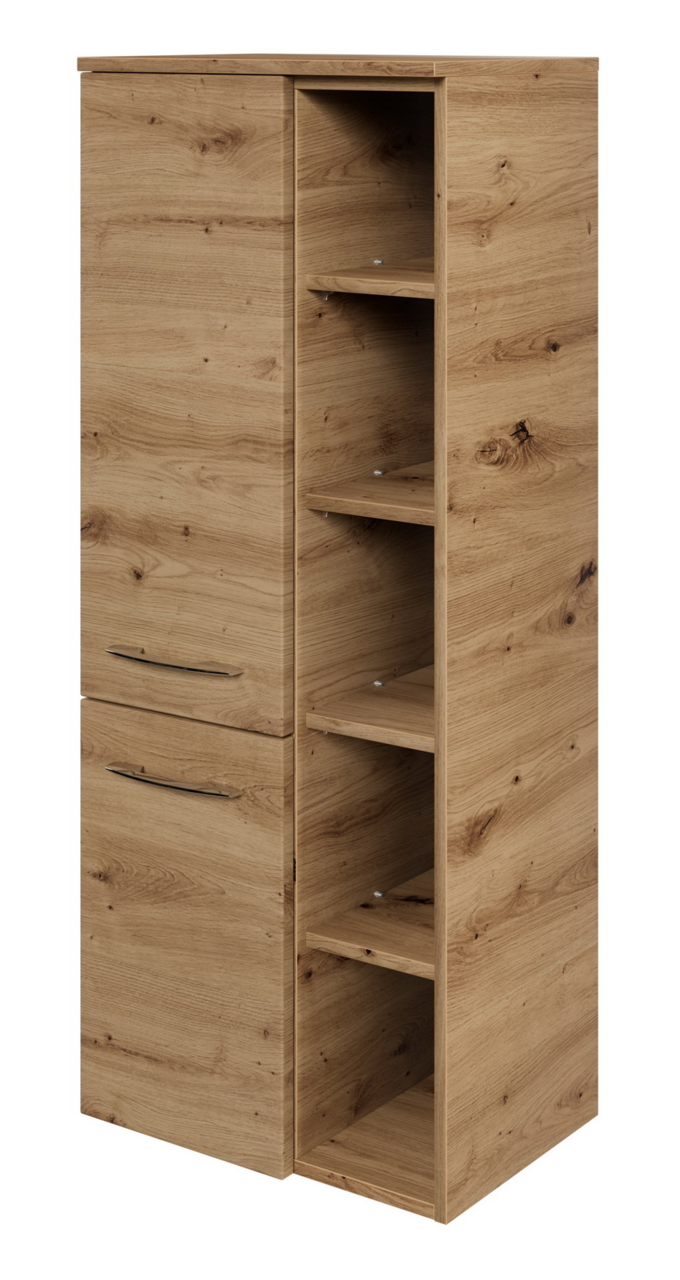 Midischrank aus Holz mit zwei Türen und offenen Regalfächern, Perspektive von vorne links