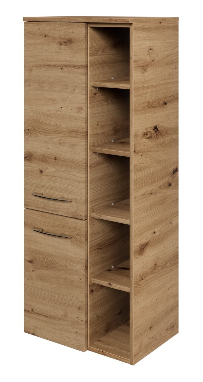 Midischrank aus Holz mit zwei Türen und offenen Regalfächern, Perspektive von vorne links