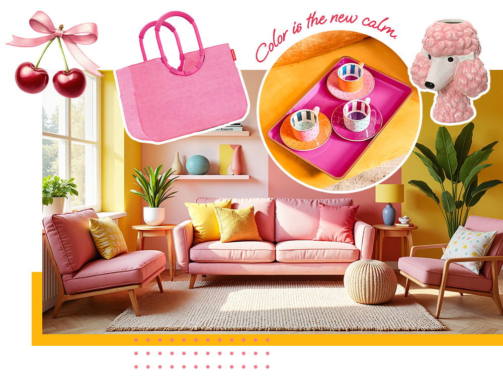 Sommerliches Wohnzimmer in Dopaminfarben – rosanes Sofa, hellpinke Reisenthel Tasche, bunte Tassen und Tabletts, rosa Pudelvase.