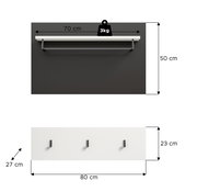 Wandgarderobe mit Ablage in Weiß mit Metallhaken, Maße 80 x 23 cm und Tiefe 27 cm; obere Ansicht zeigt 70 cm Ablage mit 3 kg Belastung und 50 cm Höhe – frontale Produktansicht.