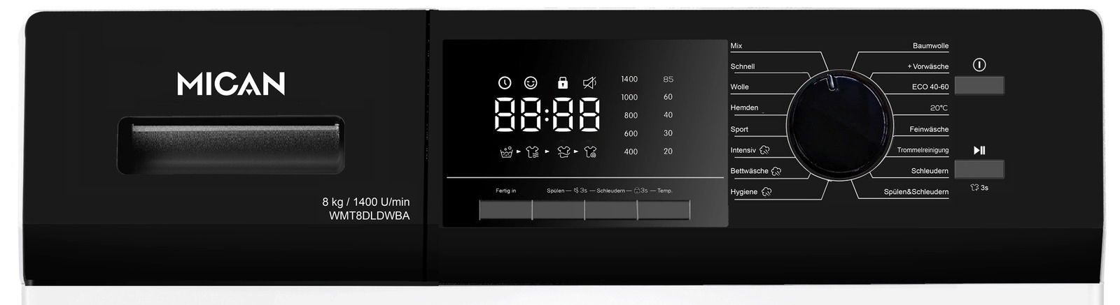 Mican Stand-Waschmaschine WMT8DLDWBA Frontansicht des Bedienfelds einer Stand-Waschmaschine mit digitalem Display und Drehknopf für verschiedene Waschprogramme.