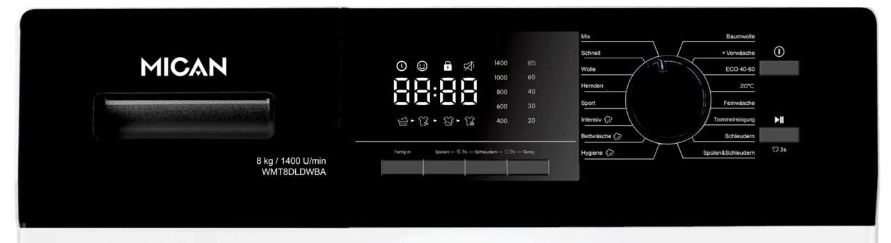 Mican Stand-Waschmaschine WMT8DLDWBA Frontansicht des Bedienfelds einer Stand-Waschmaschine mit digitalem Display und Drehknopf für verschiedene Waschprogramme.