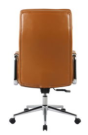 Rückansicht eines braunen Chefsessels mit verchromtem Fußkreuz und Rollen
