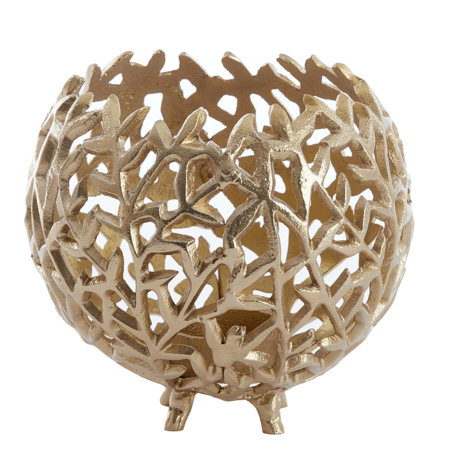 Goldener Teelichthalter mit filigranem, durchbrochenem Design, seitliche Perspektive