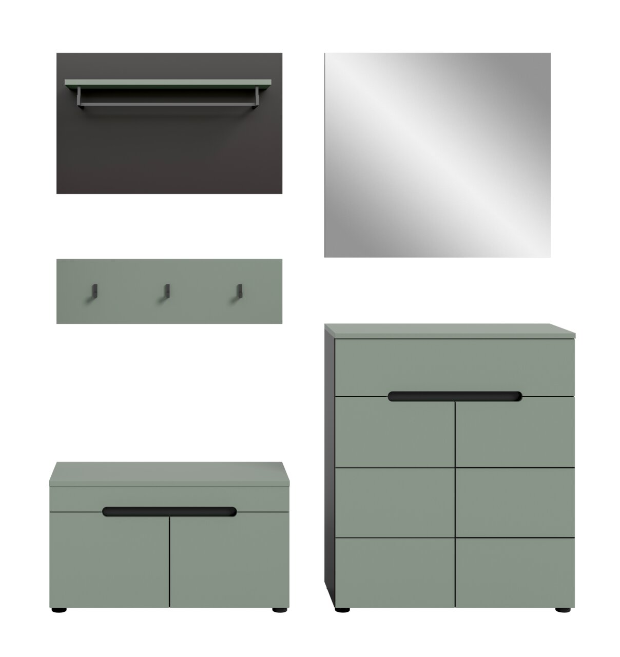 Modernes, matt salbeigrünes Möbel-Set mit Kommode/Schrank und niedrigem Sideboard mit schwarzen Griffleisten, dazu Wandregal, Garderobenleiste mit Haken und quadratischer Spiegel; Ansicht überwiegend frontal, teils leicht schräg von vorn.