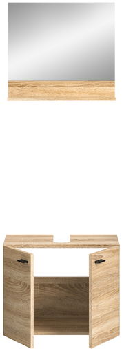 Badkombination BOSTON mit Holzoptik, bestehend aus einem Spiegel und einem Unterschrank mit zwei Türen, frontal betrachtet.