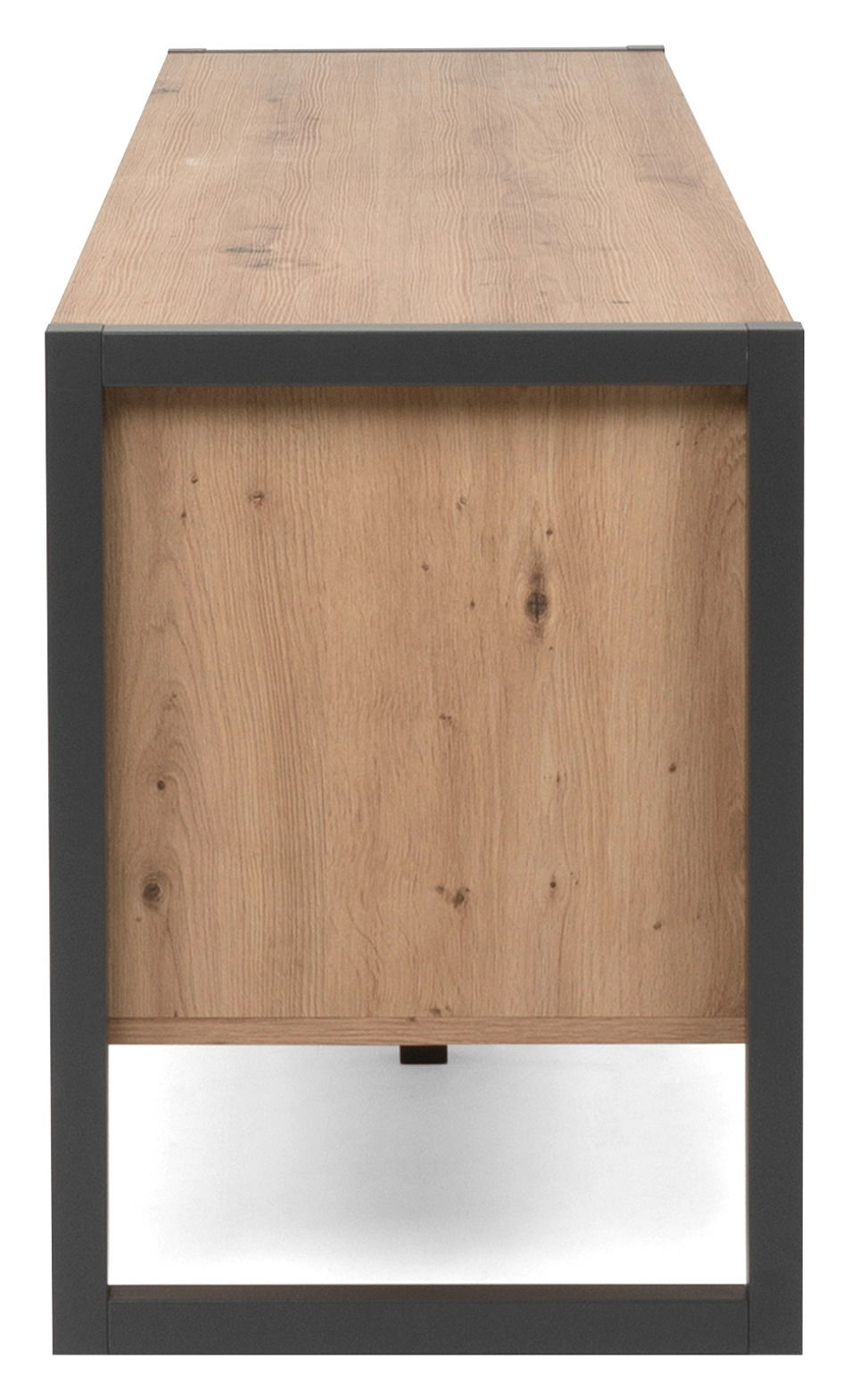 TV-Lowboard aus Holz mit Metallrahmen, seitliche Perspektive