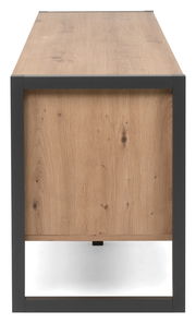 TV-Lowboard aus Holz mit Metallrahmen, seitliche Perspektive