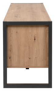 TV-Lowboard aus Holz mit Metallrahmen, seitliche Perspektive