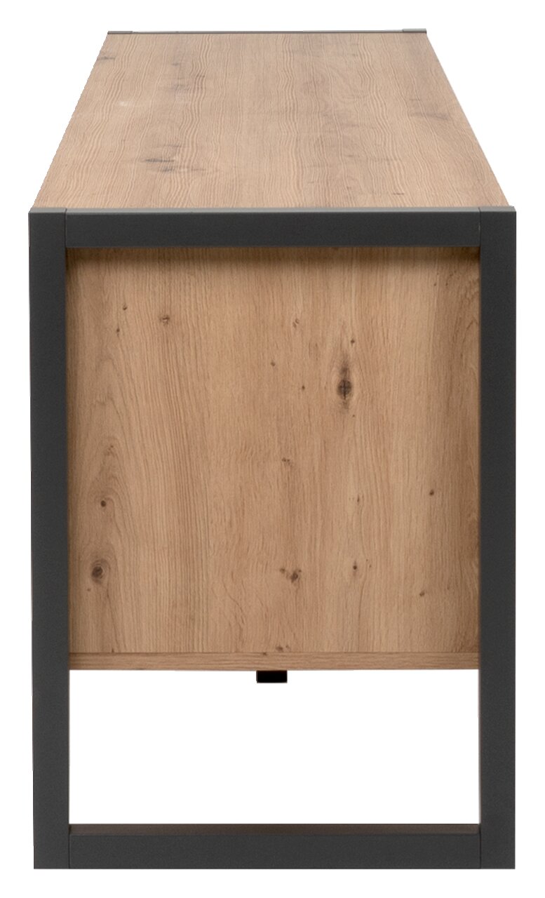 TV-Lowboard aus Holz mit Metallrahmen, seitliche Perspektive