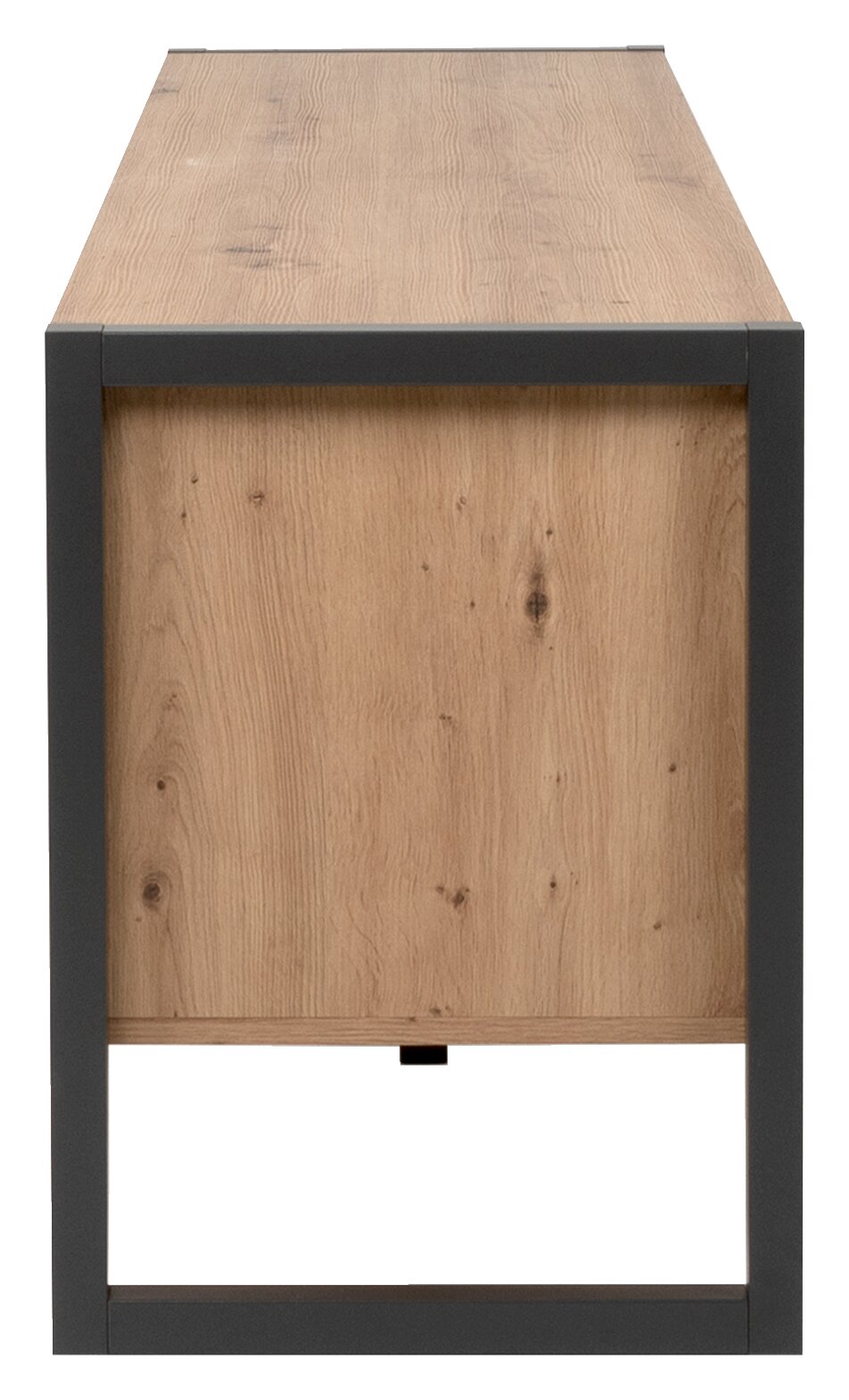 TV-Lowboard aus Holz mit Metallrahmen, seitliche Perspektive