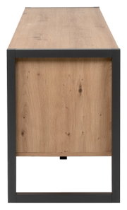 TV-Lowboard aus Holz mit Metallrahmen, seitliche Perspektive