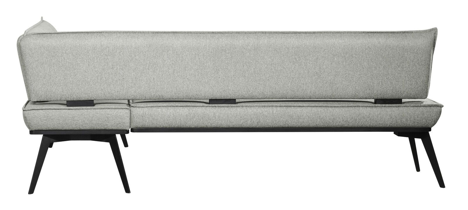 Rückansicht einer grauen Eckbank mit schwarzen Beinen, modernes Design