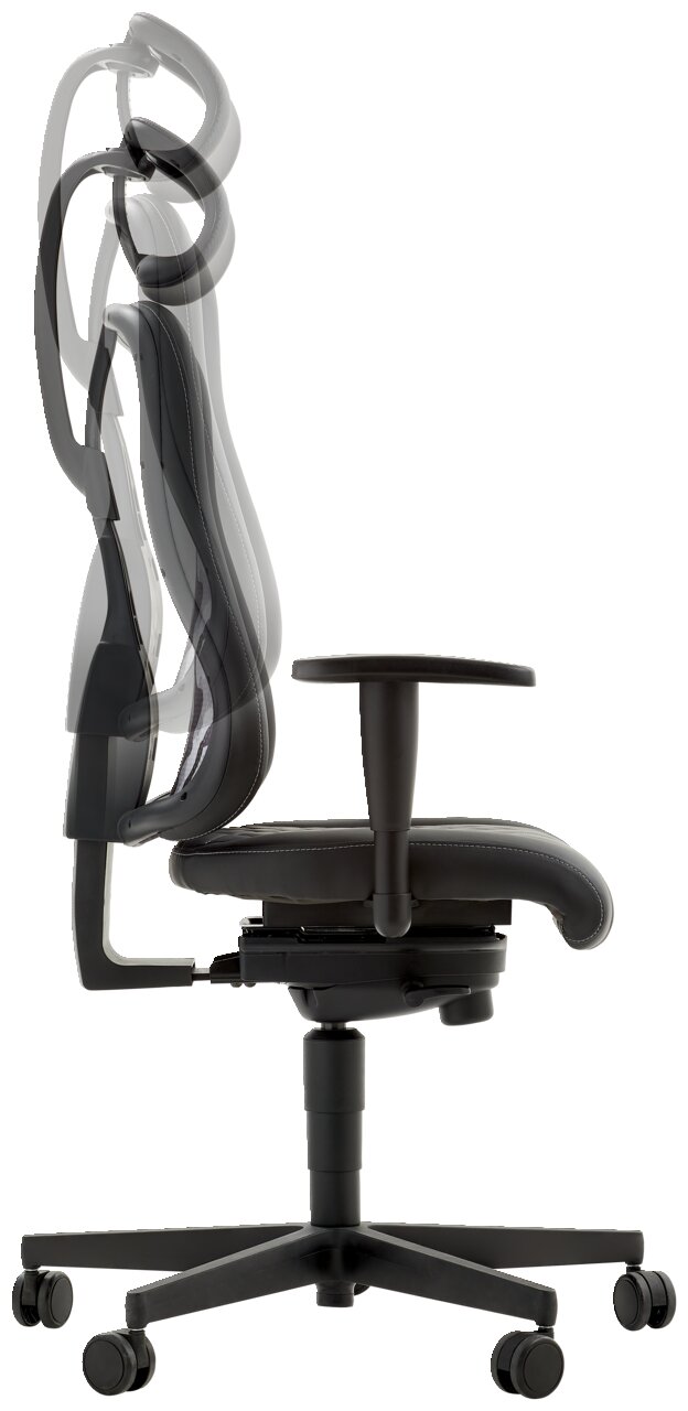 Zijaanzicht van een ergonomische gamingstoel met verstelbare rugleuning en armleuningen.