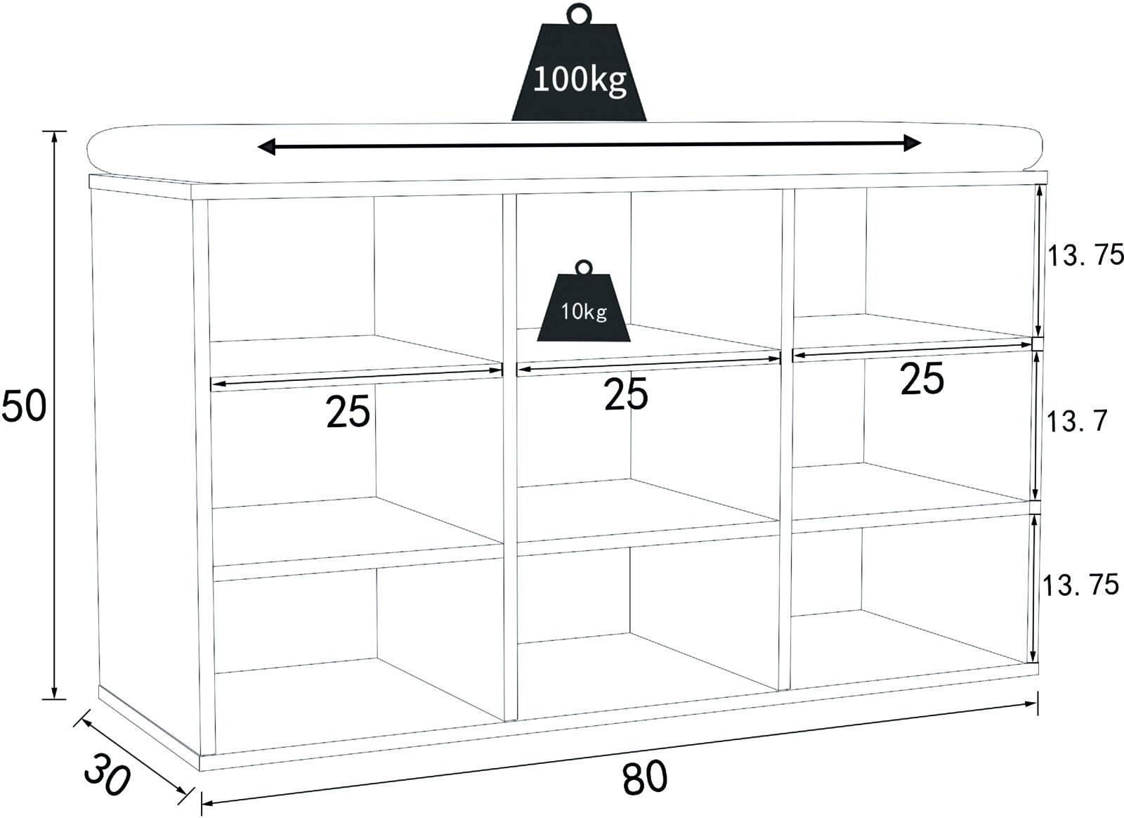 Technische Zeichnung eines offenen Regalschranks mit drei Fächern, Maße 80×30×50 cm, Fachbreite 25 cm, Traglast oben 100 kg und je Fachboden 10 kg, dargestellt in schräger Frontansicht.