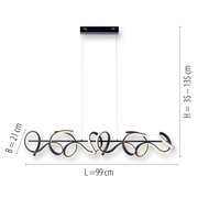 Moderne Pendelleuchte CURLS mit geschwungenem Design, seitliche Perspektive, Maße: L=99 cm, B=21 cm, H=35–135 cm.