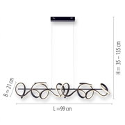 Moderne hanglamp CURLS met gebogen vormgeving, zijaanzicht, afmetingen: L=99 cm, B=21 cm, H=35–135 cm.