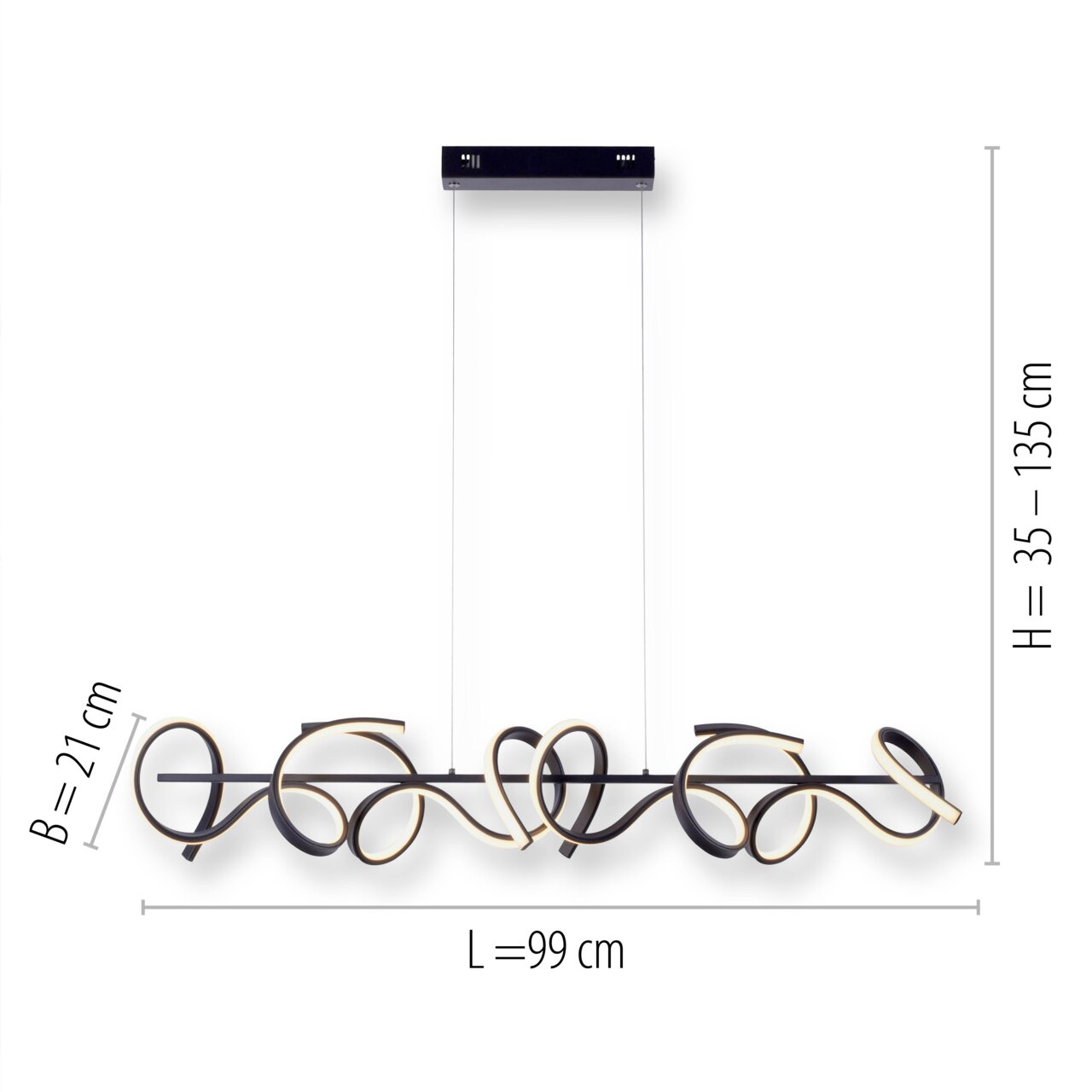 Moderne hanglamp CURLS met gebogen vormgeving, zijaanzicht, afmetingen: L=99 cm, B=21 cm, H=35–135 cm.