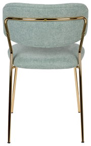 Rückansicht eines modernen Stuhls mit goldenen Metallbeinen und hellgrünem Stoffbezug.