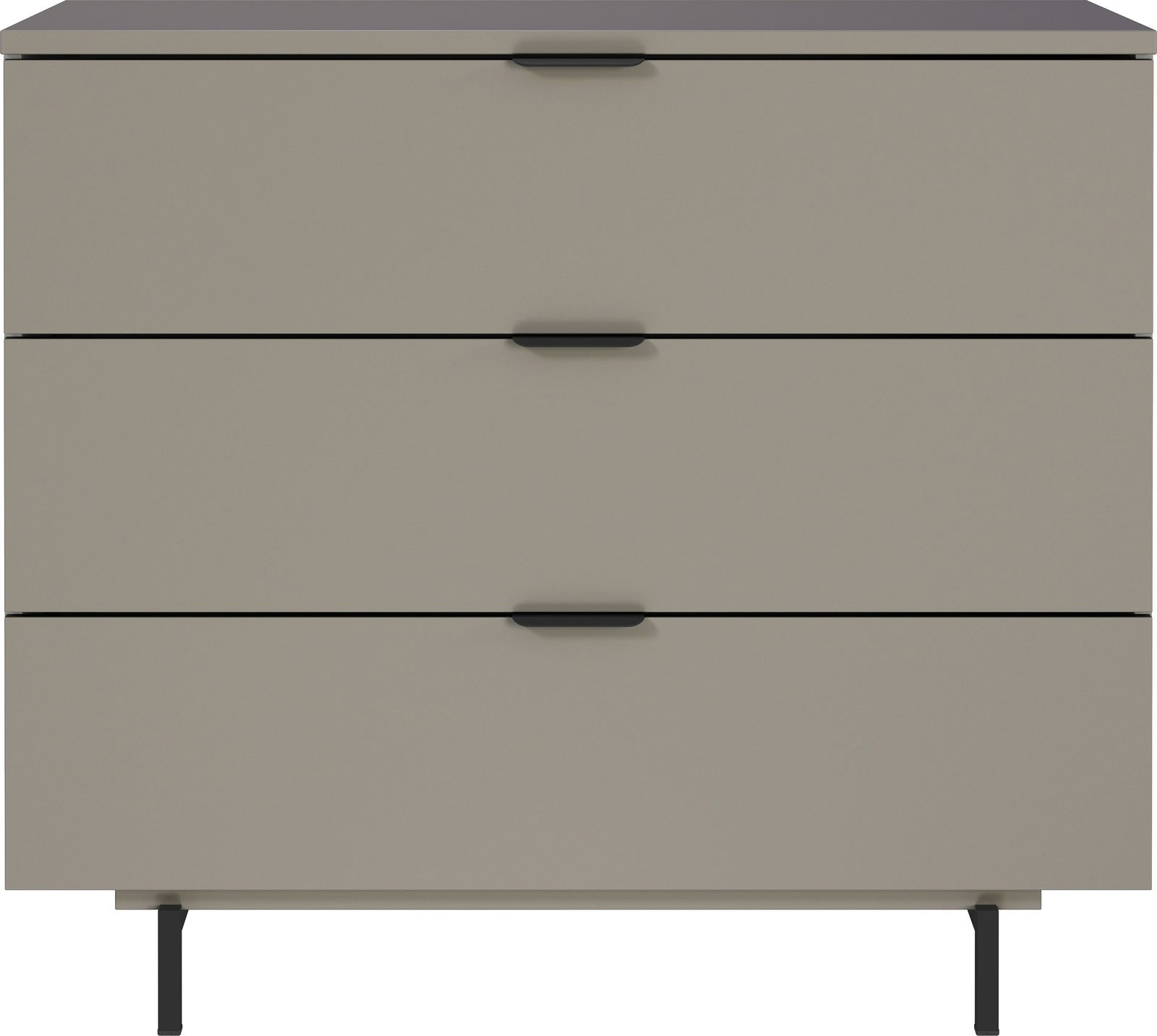 Moderne Kommode mit drei Schubladen in Beige, frontal betrachtet